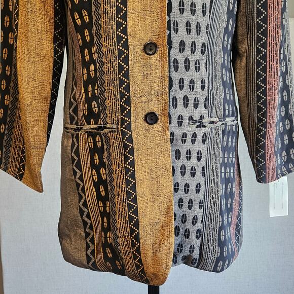 Vtg Silk Jacket Medium Black Tribal Bohemian Long Blazer Deadstock 80s Office - Picture 6 of 9